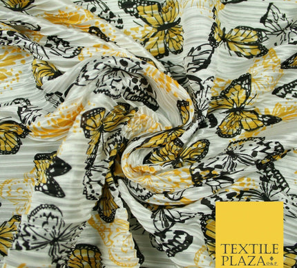White Orange Flying Butterfly Printed Pleated Plisse Satin Dress Fabric 58" 5397