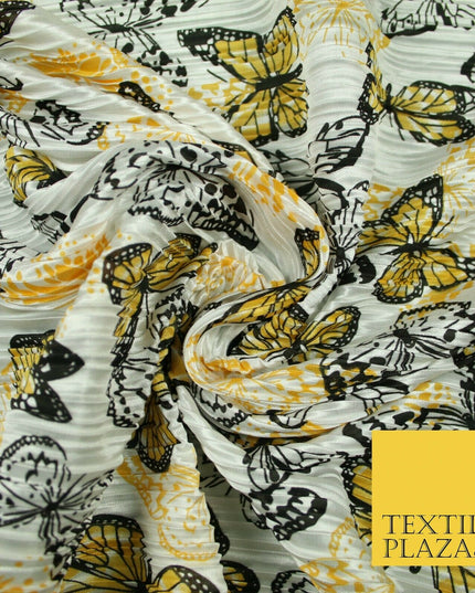 White Orange Flying Butterfly Printed Pleated Plisse Satin Dress Fabric 58" 5397