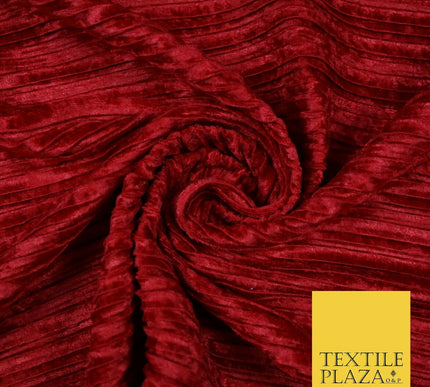 RED WINE Pleated Ribbed Stretch Soft Striped Velvet Plisse Fabric Dress Craft