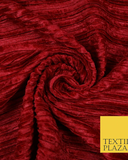 RED WINE Pleated Ribbed Stretch Soft Striped Velvet Plisse Fabric Dress Craft