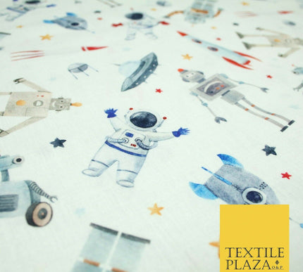 Space Robots Astronaut Stars Rockets Digital Print 100% Cotton Fabric 58" 5411