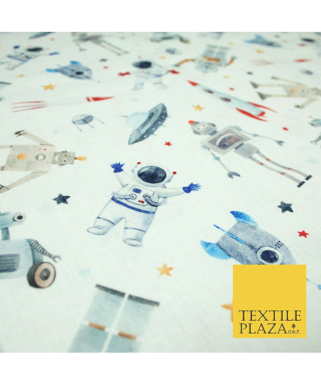 Space Robots Astronaut Stars Rockets Digital Print 100% Cotton Fabric 58" 5411