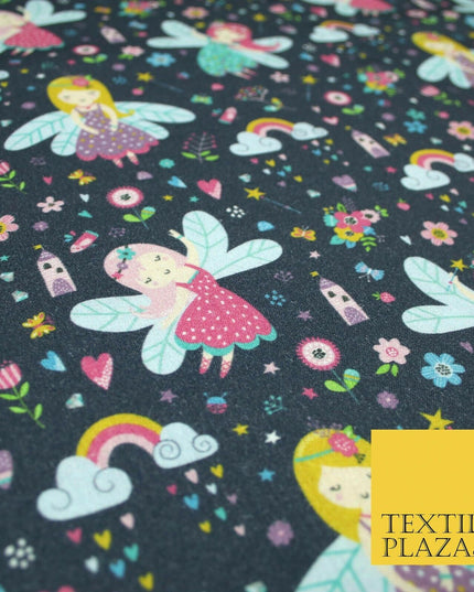 Navy Blue Magical Dancing Fairies Floral Digital Print 100% Cotton Fabric 5419