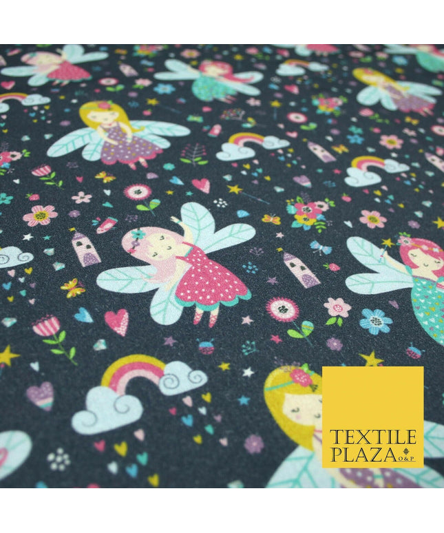 Navy Blue Magical Dancing Fairies Floral Digital Print 100% Cotton Fabric 5419