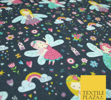 Navy Blue Magical Dancing Fairies Floral Digital Print 100% Cotton Fabric 5419