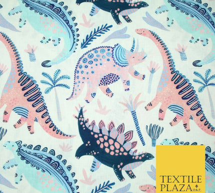 White Fun Cartoon Dinosaurs Palm Trees Digital Print 100% Cotton Fabric 58" 5413