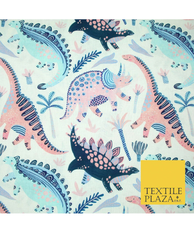 White Fun Cartoon Dinosaurs Palm Trees Digital Print 100% Cotton Fabric 58" 5413