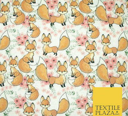 Floral Cute Baby Foxes Animal Digital Print 100% Cotton Fabric Sewing 58" 5417