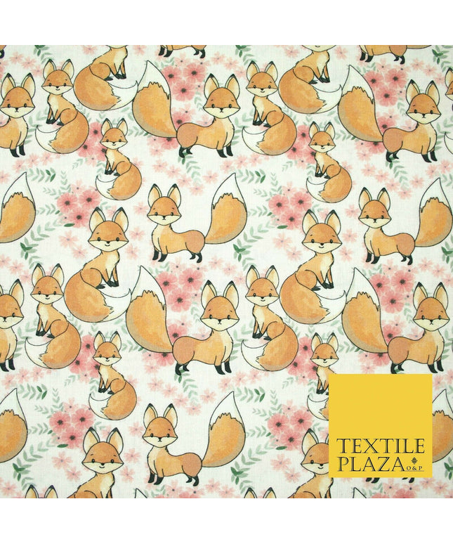 Floral Cute Baby Foxes Animal Digital Print 100% Cotton Fabric Sewing 58" 5417
