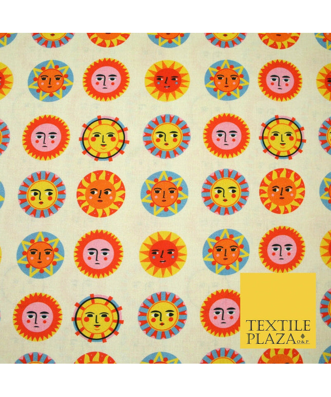 Beige Artsy Colourful Sunshine Faces Digital Print 100% Cotton Fabric 58" 5412