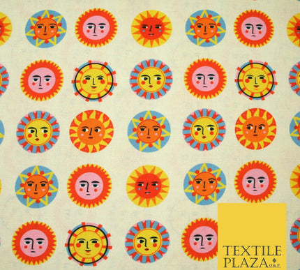Beige Artsy Colourful Sunshine Faces Digital Print 100% Cotton Fabric 58" 5412