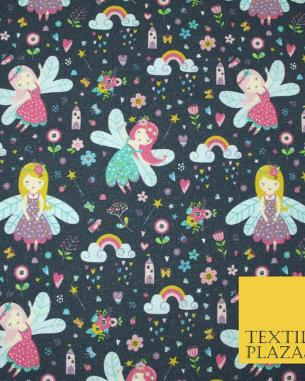 Navy Blue Magical Dancing Fairies Floral Digital Print 100% Cotton Fabric 5419