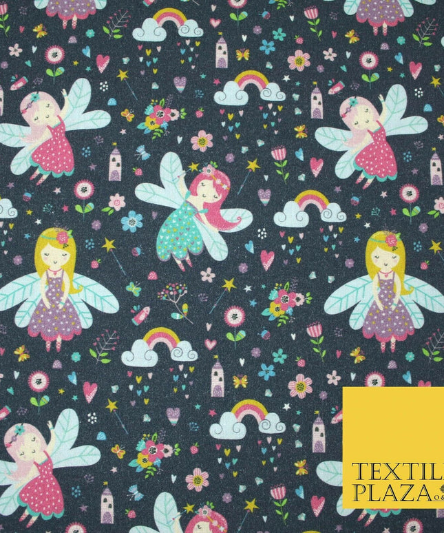 Navy Blue Magical Dancing Fairies Floral Digital Print 100% Cotton Fabric 5419
