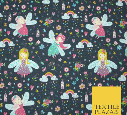 Navy Blue Magical Dancing Fairies Floral Digital Print 100% Cotton Fabric 5419