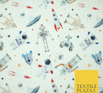 Space Robots Astronaut Stars Rockets Digital Print 100% Cotton Fabric 58" 5411