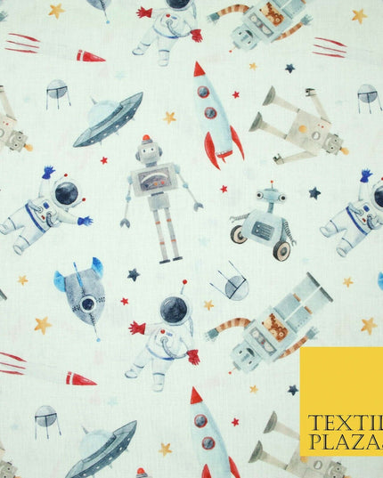 Space Robots Astronaut Stars Rockets Digital Print 100% Cotton Fabric 58" 5411