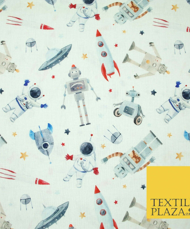 Space Robots Astronaut Stars Rockets Digital Print 100% Cotton Fabric 58" 5411