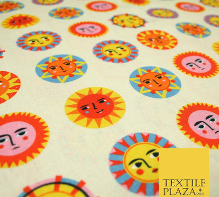 Beige Artsy Colourful Sunshine Faces Digital Print 100% Cotton Fabric 58" 5412