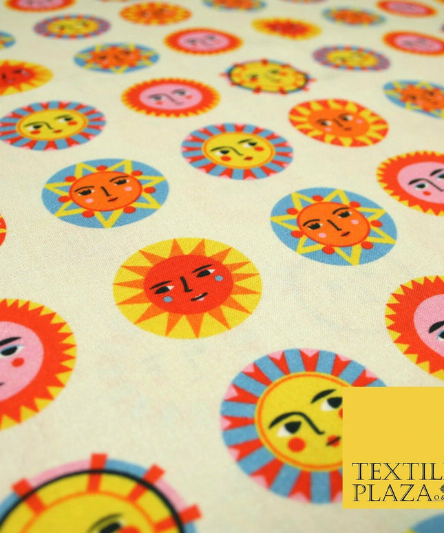 Beige Artsy Colourful Sunshine Faces Digital Print 100% Cotton Fabric 58" 5412