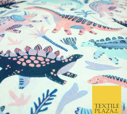 White Fun Cartoon Dinosaurs Palm Trees Digital Print 100% Cotton Fabric 58" 5413