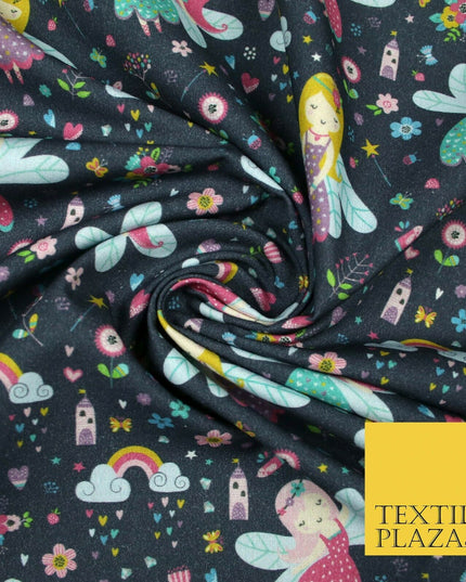 Navy Blue Magical Dancing Fairies Floral Digital Print 100% Cotton Fabric 5419