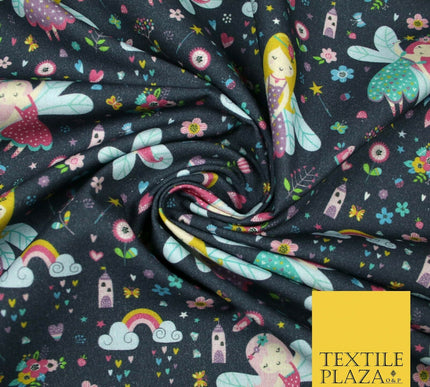 Navy Blue Magical Dancing Fairies Floral Digital Print 100% Cotton Fabric 5419