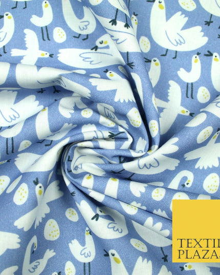 Blue White Chicken Egg Easter Digital Print 100% Cotton Fabric Sewing 58" 5416