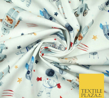 Space Robots Astronaut Stars Rockets Digital Print 100% Cotton Fabric 58" 5411