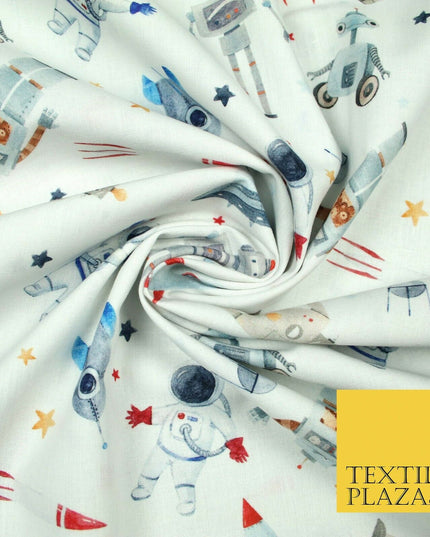 Space Robots Astronaut Stars Rockets Digital Print 100% Cotton Fabric 58" 5411