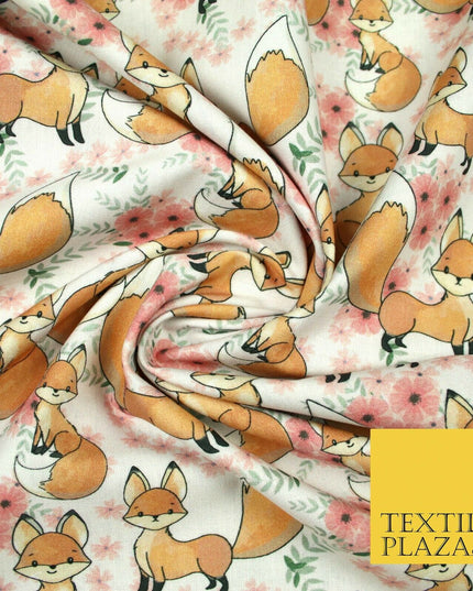 Floral Cute Baby Foxes Animal Digital Print 100% Cotton Fabric Sewing 58" 5417