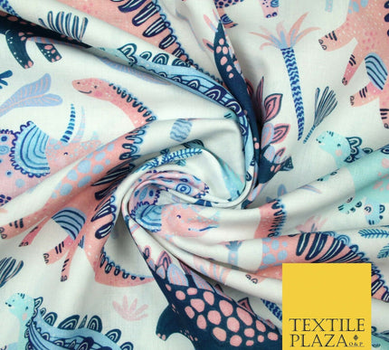 White Fun Cartoon Dinosaurs Palm Trees Digital Print 100% Cotton Fabric 58" 5413