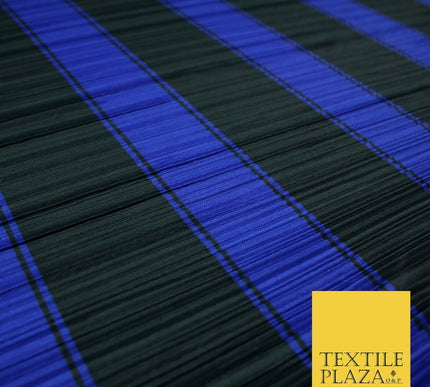 Black Royal Blue Large Striped Printed Pleated Plisse Satin Dress Fabric 5424