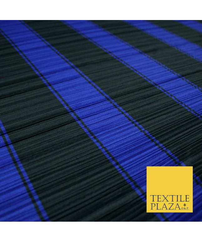 Black Royal Blue Large Striped Printed Pleated Plisse Satin Dress Fabric 5424