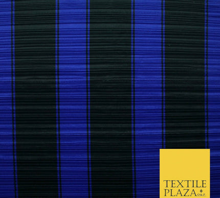 Black Royal Blue Large Striped Printed Pleated Plisse Satin Dress Fabric 5424