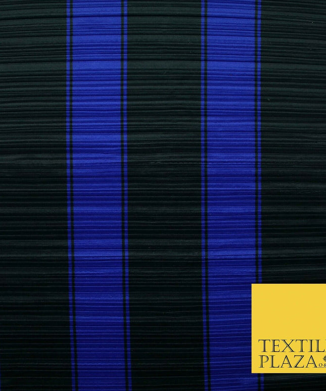Black Royal Blue Large Striped Printed Pleated Plisse Satin Dress Fabric 5424