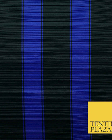 Black Royal Blue Large Striped Printed Pleated Plisse Satin Dress Fabric 5424