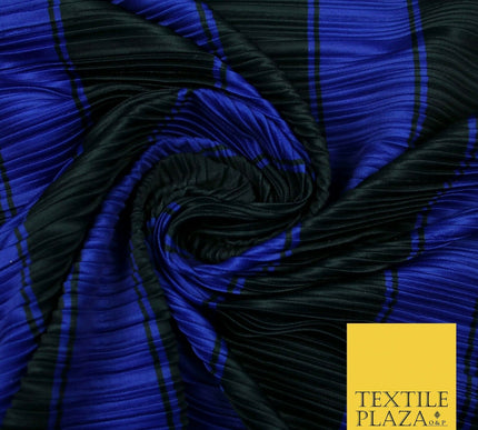Black Royal Blue Large Striped Printed Pleated Plisse Satin Dress Fabric 5424