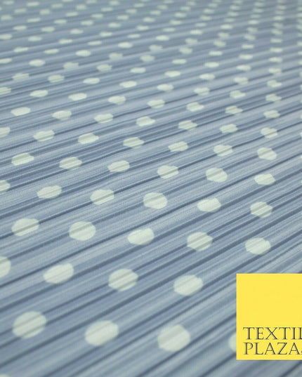 1cm White Spotted Printed Pleated Plisse Satin Stretch Fabric 58" 4 COLOURS