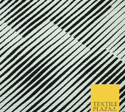 Black White Abstract Zebra Wacky Lines Printed Pleated Plisse Dress Fabric 5443