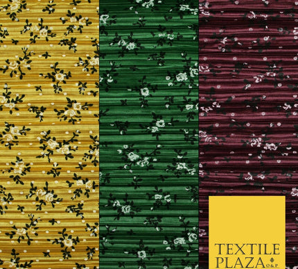 Wine Gold Green Ditsy Floral Dot Printed Pleated Plisse Satin Dress Fabric 58"