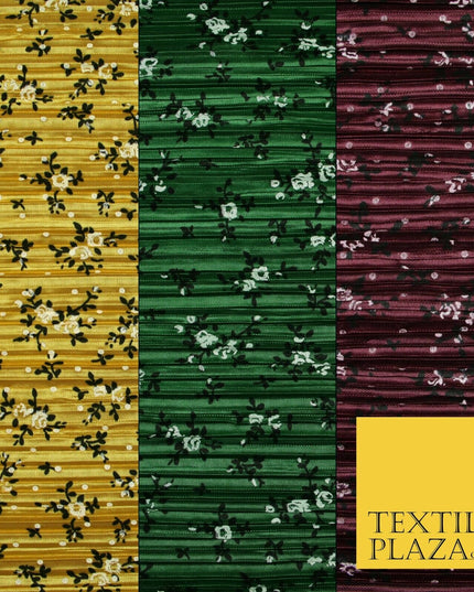 Wine Gold Green Ditsy Floral Dot Printed Pleated Plisse Satin Dress Fabric 58"