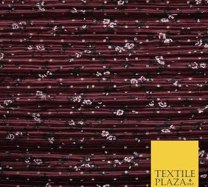 Wine Gold Green Ditsy Floral Dot Printed Pleated Plisse Satin Dress Fabric 58"