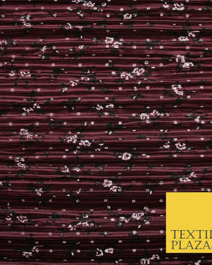 Wine Gold Green Ditsy Floral Dot Printed Pleated Plisse Satin Dress Fabric 58"