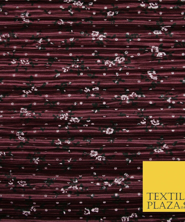 Wine Gold Green Ditsy Floral Dot Printed Pleated Plisse Satin Dress Fabric 58"