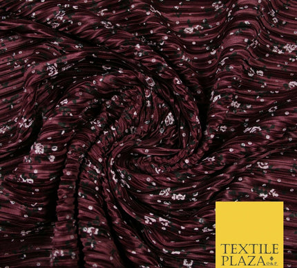 Wine Gold Green Ditsy Floral Dot Printed Pleated Plisse Satin Dress Fabric 58"