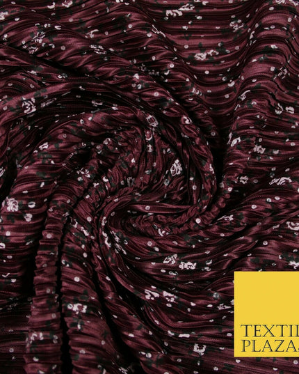 Wine Gold Green Ditsy Floral Dot Printed Pleated Plisse Satin Dress Fabric 58"