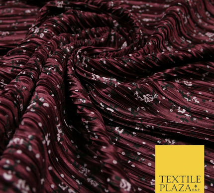 Wine Gold Green Ditsy Floral Dot Printed Pleated Plisse Satin Dress Fabric 58"