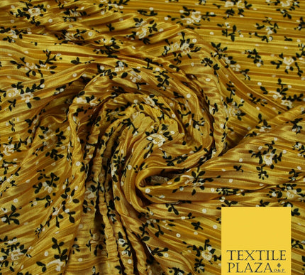 Wine Gold Green Ditsy Floral Dot Printed Pleated Plisse Satin Dress Fabric 58"