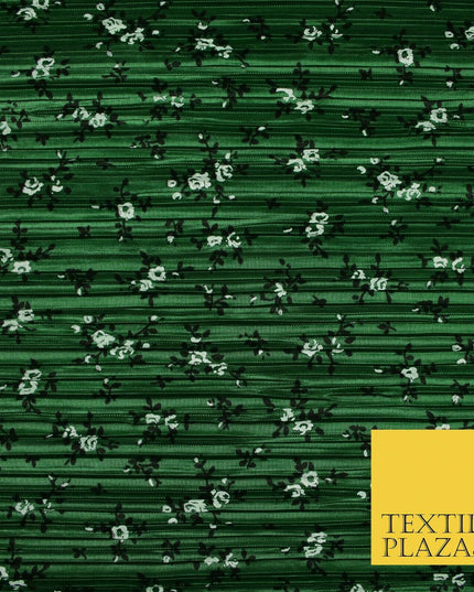Wine Gold Green Ditsy Floral Dot Printed Pleated Plisse Satin Dress Fabric 58"