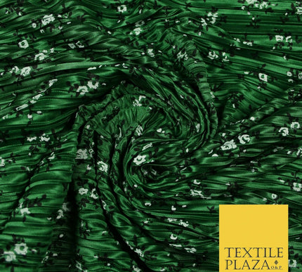 Wine Gold Green Ditsy Floral Dot Printed Pleated Plisse Satin Dress Fabric 58"
